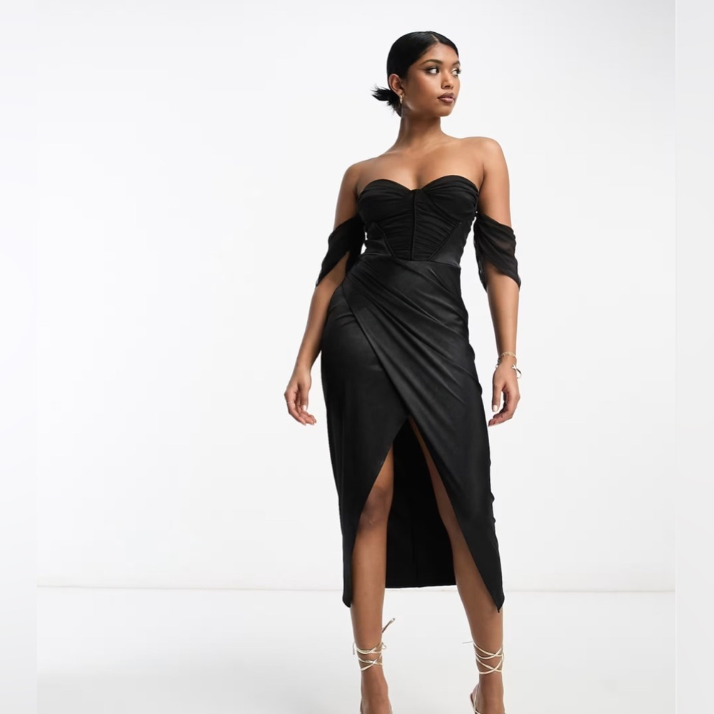 ASOS DESIGN bandeau corset mesh satin midi dress in black